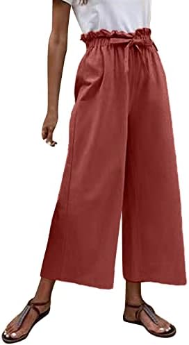 Памучни постелнини панталони за жени, широки нозе со високи половини палацо капри лето трендовски хартија за хартија со џебови со џебови