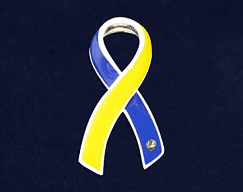 Голема сина и жолта лента со пакувања на големо со пакувања - пинови за свесност за сина и жолта лента за поддршка на Украина Конфликт