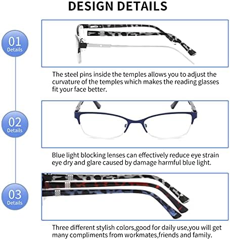 CRGATV очила за читање со 3 пакувања за жени со сина светлина блокирање на метални половина рамка за читатели на компјутерски рамка Анти УВ/Окото