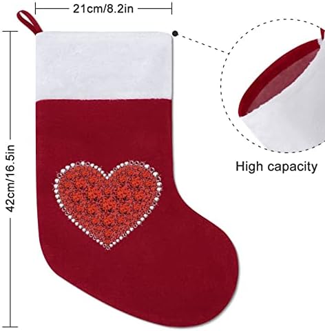 Дијамантско црвено срце Божиќни чорапи за порибување со кадифен камин што виси за Божиќно дрво