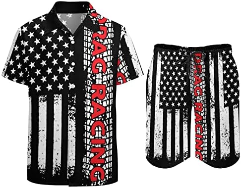 Weedkeycat Драг Расинг знаме Америка машка облека за плажа 2 парчиња Хавајско копче надолу со кошула Краток ракав и шорцеви