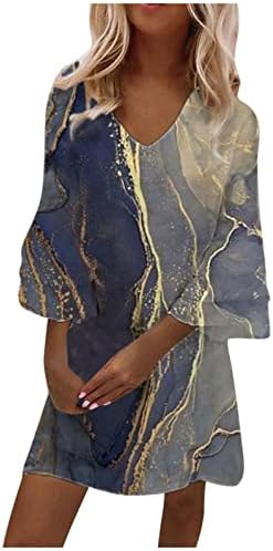 Фустан со краток ракав, женски моден темперамент Елегантен печатен V-Neck 3/4 ракави мини фустан