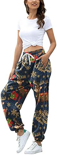 Wocachi жени Божиќ печати џемпери со високи тренинзи за половината широко панталони за нозе џебни панталони спортски атлетски