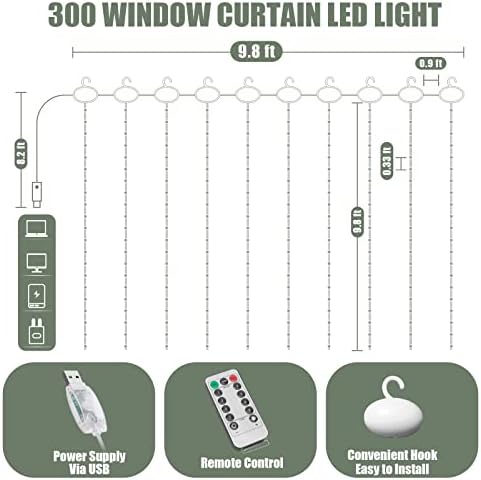 300 LED светла за завеси за прозорецот, светла за низа на бајки со 8 режими, USB напојувачки висечки светла со далечински управувач за Божиќни