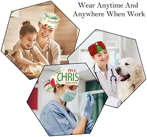 6 парчиња медицинска сестра за чистење жени долга коса, Божиќно пејзаж прилагодливо работно капаче со копче и џемпери разнобојно