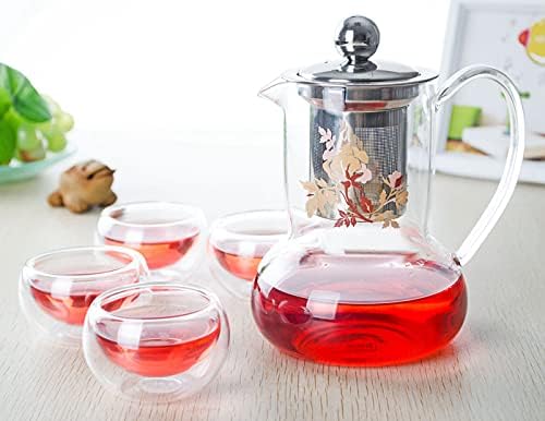 ПРИМЕНА НОВИТЕ НОВИ не'рѓосувачки челик инфузер стаклен сад за чај со цвеќиња + 4 чаши со двојни wallидови