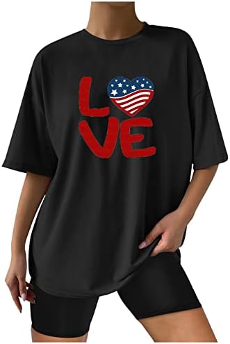 Дами летни врвови и блузи Американски знаме Loveубов кошула со кратки ракави маица 4-ти јули патриотски жени Туника Топ