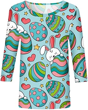 Велигденски кошули за жени слатки печатени блузи врвови 2023 модни 3/4 ракави графички мачки на екипажот