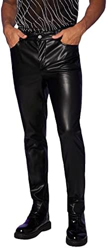 Макемехнички машка кожни панталони со кожа со високи половини слаби панталони