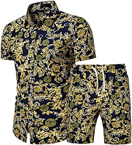 2023 Нови летни и печатени сетови кошули со ракави 2 парчиња машка плажа панталони кратки шорцеви мажи костуми за џогирање