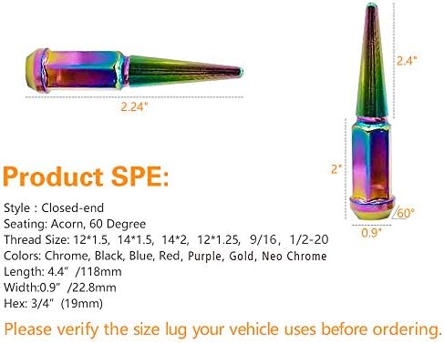 20pc Spike lug Nut 12x1.25 Neo Chrome 4,4 Висок OffRoad Extended Metal Lugs Premium, вклучен клуч за приклучок 1