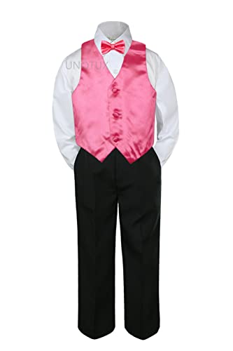 4PC формални бебешки тинејџери момчиња фуксија розово елек лак вратоврска црни панталони S-14
