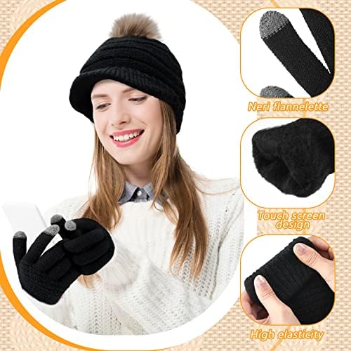 4 парчиња жени зимски плетени ракавици за ракавици за ракави вклучуваат 2 парчиња визир, пом -бени капа и 2 пар нараквици на допир на допир на