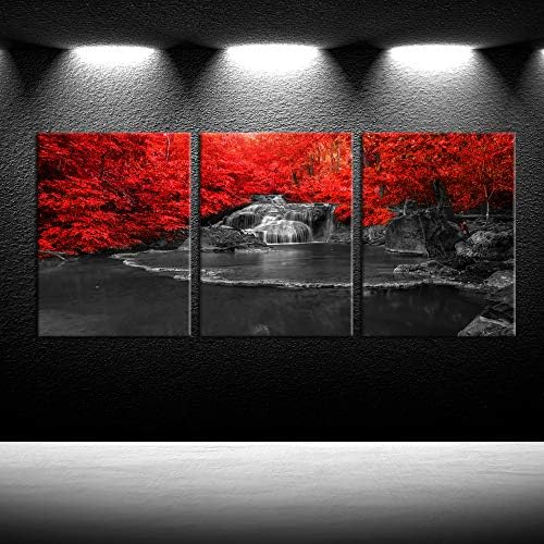 Inge foto 3pcs црно -бело црвен водопад платно печати wallидна уметност за бања дома декор модерна пејзаж црвени шуми слики печатење слики