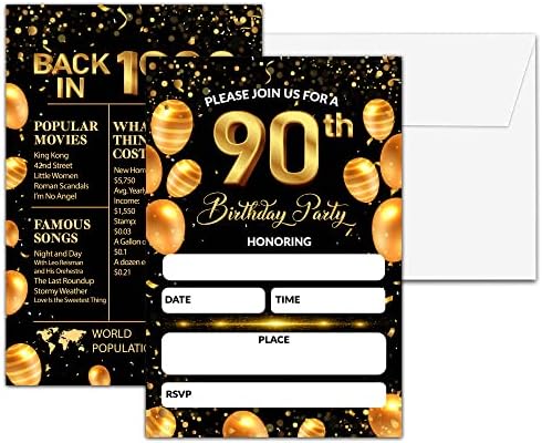 Покани за 90-ти роденденски забави Chuxvon, покани за црни и златни родендени, двострана златна фолија пополнете ги поканите за