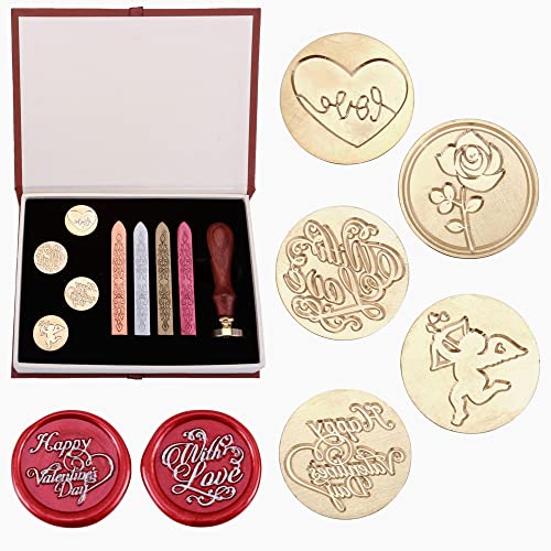 Yoption Love and Rose Wax Seal Pamp Kit, гроздобер романтичен валентин 5 парчиња запечатување марки + 4 стапчиња за заптивка на восок + 1 дрвена