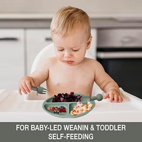 Меѓусебнопроизводи 3 Парчиња Прибор За Бебиња - Силиконски Бебешки Лажици И Вилушки за Самохранење - Вшмукувачка Плоча-Материјали За Хранење