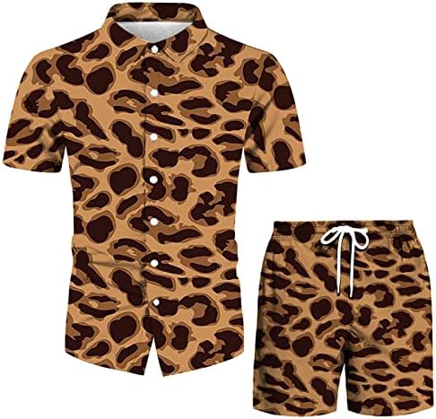 4ZHUZI мажи 2 парчиња облека лето стилски леопард печатени обични хавајски кошули маички и шорцеви поставени тренерки за плажа