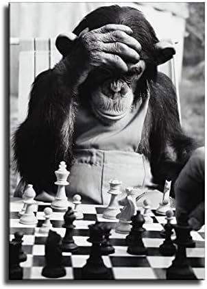 Мајмун игра шах, црно -бело постер слики од домашни постер подароци за мажи жени