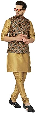Крокон Машка свила Курта пижама поставена со печатено елек палто Индиска традиционална свадба етничка кута облека за мажи
