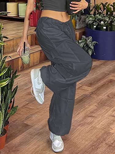 Женски торбички панталони со карго за влечење еластична половината, искривени пешачки панталони падобран панталони за жени хипи салон пантоло