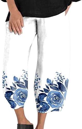 Култура лесни женски капри панталони за лето лабава вклопена боја Промена на еластична цветна постелнина цвет лабаво вклопување