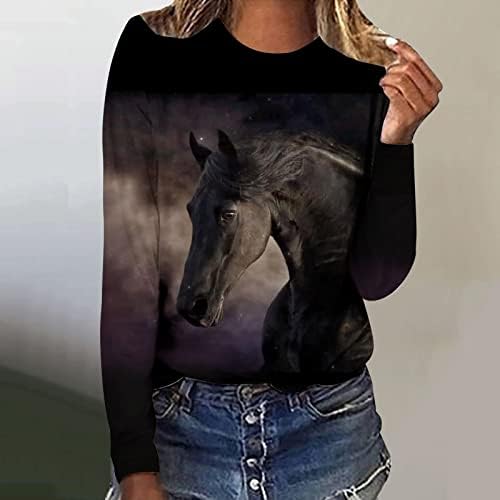 Новини графички коњи печати со долги ракави маички врвови за жени тинејџери девојки коњски lубовници маички западна екипаж блуза