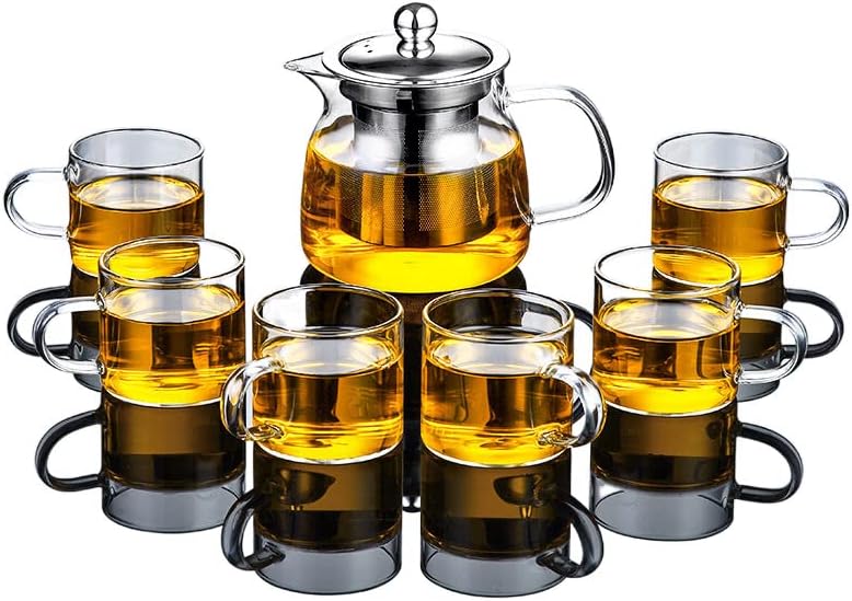 Стаклен чај сет со држач за чаша, транспарентен кунг фу чајник 玻璃 茶 带 杯架 家用 透明 功夫 泡 茶壶