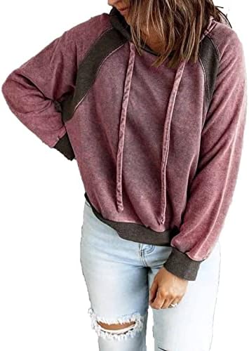 Womenените опуштени класично вклопување сплит влечење во боја на качулка во боја, обичен гроздобер џемпер со долги ракави, ретро