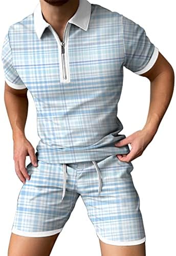 2 парчиња облеки за мажи, поставени патент лапел, карирани, печатени поло -маици и шорцеви, обичен голф тренинг пот.