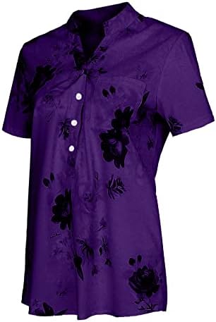 Флорални врвови за жени 2023 летно копче надолу модни обични кошули со кратки ракави блузи што треба да ги носат со хеланки