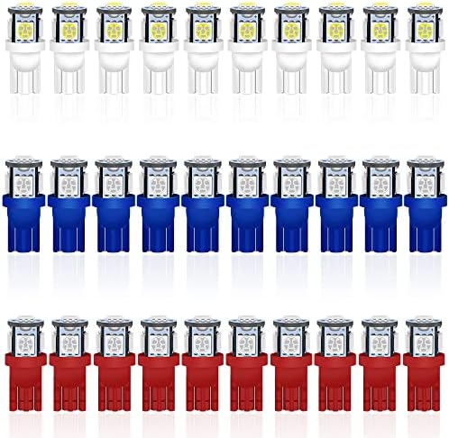 Alopee 30 пакет 194 LED сијалица бела/сина/црвена комбо T10 клин LED сијалица 5SMD-5050 168 LED сијалица, 921 2825 LED сијалица