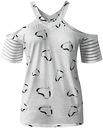 Женска секси ладна рамо маица V вратот срца срца печати блуза чипка лента со кратки ракави маички врвови модни кошули