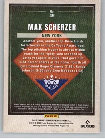 2022 Панини Дијамант Кингс 49 Макс Шерцер Newујорк Метс Официјална МЛБ ПА Бејзбол картичка во сурова состојба