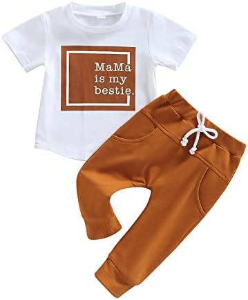 Момци на мали деца летни облеки Мамас момче печати врвови со цврста боја, влечејќи долги панталони, мало момче облека