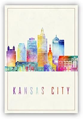 Современа илустрација Постер на американските градови, постери во Канзас Сити, Канзас Сити обележја на акварел Постер, постер