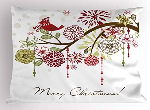 Ambesonne Божиќна перница срам, цветна зимска црвена птица капа и шамија на цветно дрво инспирирана, декоративна стандардна големина