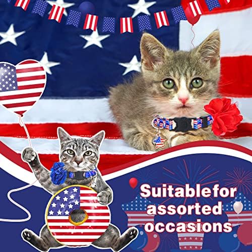 4 Парчиња Патриотско Американско Знаме Јака За Мачки Отцепена Со Ѕвонче И Отстранливи Цвеќиња Ѕвездени Ленти Јаки За Кучиња Брзо Ослободување