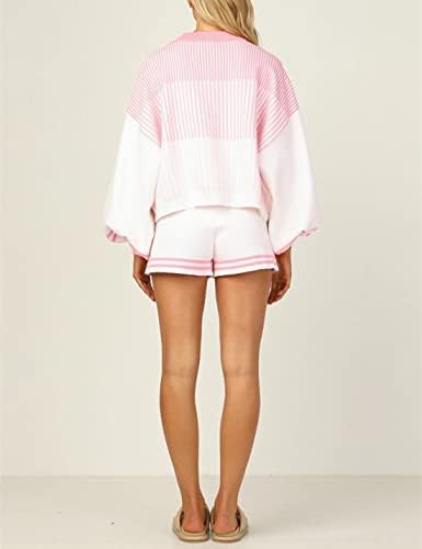 Химосибер 2 Парчиња Џемпер Комплети За Жени Плетени Пуловер Со Пруги Слатки Кратки Комплети Облека