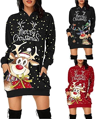 Timifis Божиќен фустан со худи за жени со долги ракави со качулка, џемпери, смешни ирваси на ирваси за печатење на санта за печатење