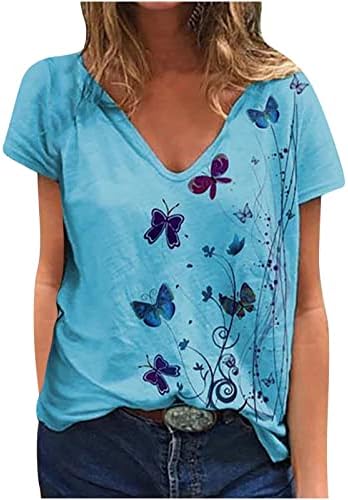 Летна обична маица за жени разнобојни пеперутки печатени кошули против вратот кратки ракави маички врвови лабави фит блузи