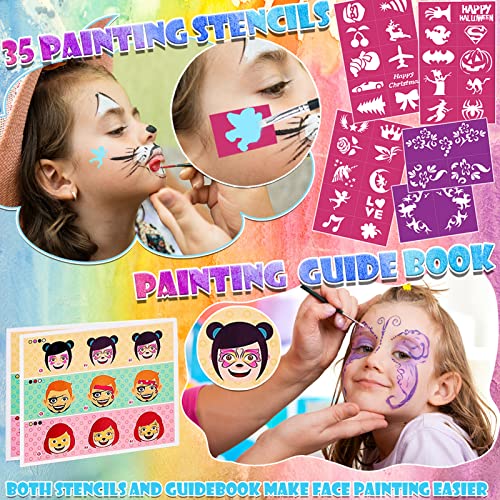 Teuvo 19 бои Комплети за сликање на лице за деца, вода базирана на вода и брзо суво тело за боја на лице со 35 матрици и 3 четки, комплет