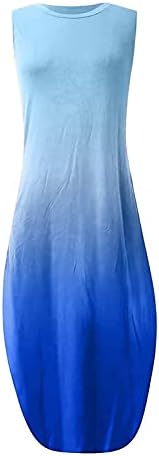 Фрагарни фустани за жени 2022 градиентен печатен резервоар фустан со џеб околу вратот на вратот Обичен лабав летен макси фустан
