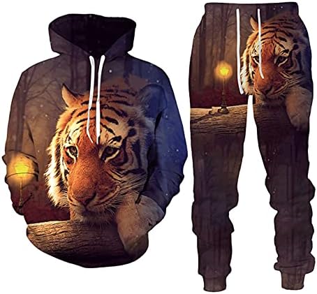 3Д печатена тигар худи џемпери 2 парчиња поставува животни со качулка, панталони за џемпери, панталони за панталони за двојки