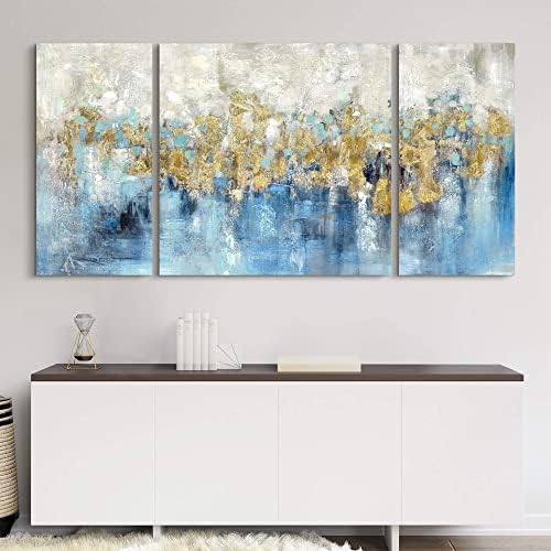 Ут-арт модерна апстрактна сина wallидна уметност: Шарено масло врамена слика со златни фолии на платно уметнички дела за домашен декор