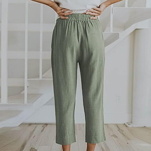 Обични памучни постелнини памучни панталони за жени со цврсти исечени панталони Еластични панталони од половината широка панталона со карго
