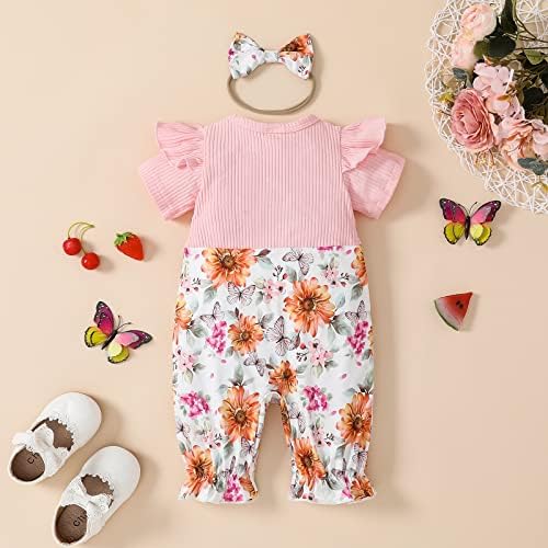 Puseky новороденче новороденче облека облека, руфла краток ракав, цветен лак, скокач со ромпер за глава, бебе девојче летна облека