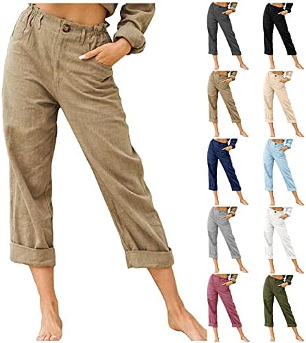 Xueton селански панталони за жени плус големина памучна постелнина широка нога капри, панталона еластична половината, лабава харем
