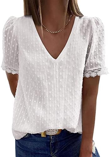 Маица со блуза за девојки есен лето облека кратка ракав чипка шифон против вратот случајна основна врвна ек ек