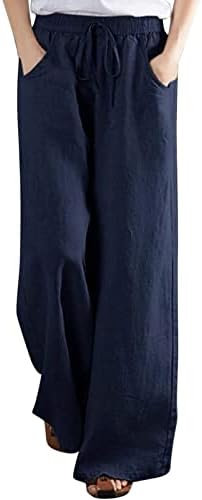 Womenените летни палацо панталони со високи памучни постелнини широки панталони за нозе, пакувања со долги панталони со панталони со